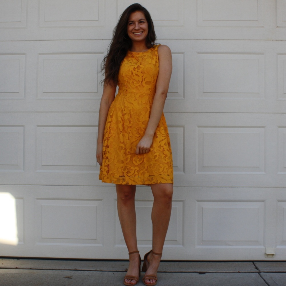 Yellow Crochet Lace Overlay A-Line Dress